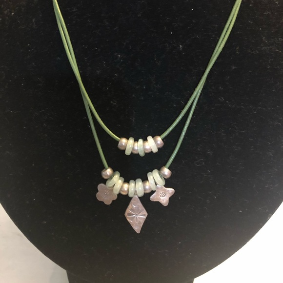 Peyote Bird sterling, jade on green leather cord - Picture 2 of 6